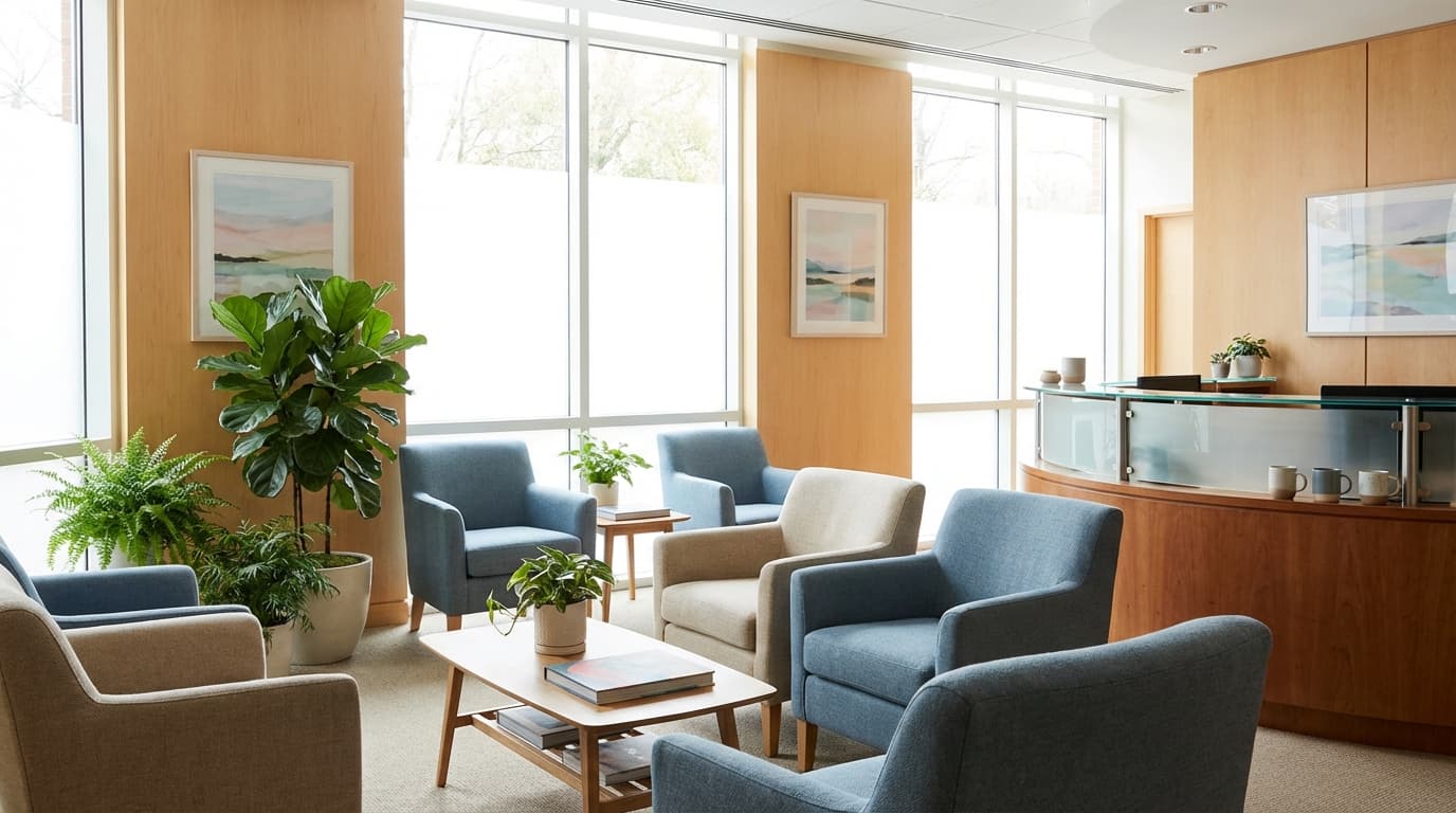 Einladender Wartebereich der Zahnarztpraxis